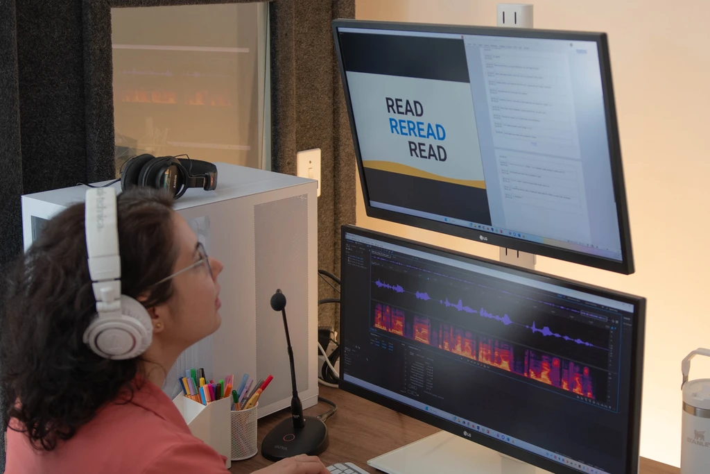 Amanda de Andrade is Voiceover actress, dubbing artist & sound engineer, with a talkback mic to record other actors in her studio